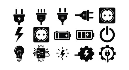 Diverse electrical symbols and icons representing power energy and connectivity