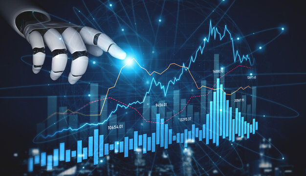 A robotic hand points at an upward financial graph, symbolizing the intersection of technology and economics, reflecting innovation in data analysis and market strategies. Scalp