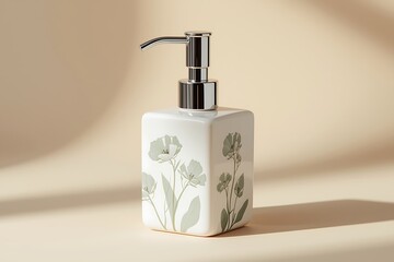 Obraz premium Ceramic soap dispenser with green botanical design on beige background, premium studio product.