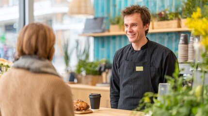 Friendly Barista Engaging with Customer in Cozy Cafe Setting Amidst Plants and Fresh Baked Goods, Creating a Welcoming Atmosphere for Enjoyment. Checkout retail process