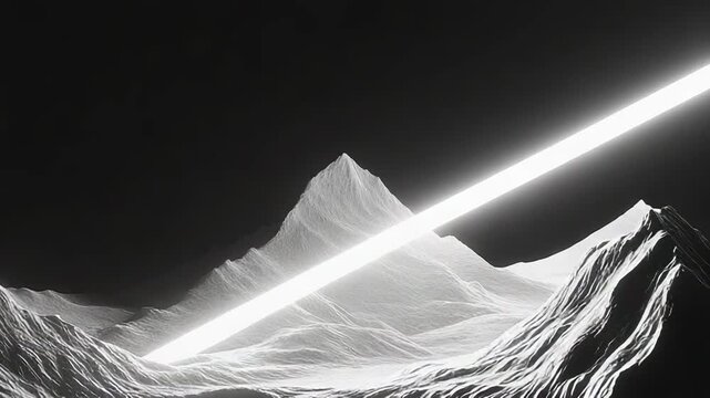 Dark mountain landscape with glowing light beam passing