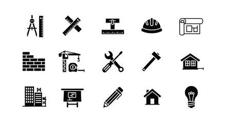 Construction and architectural icons tools buildings and design elements illustrated