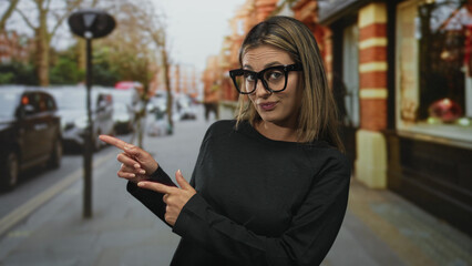Woman points index fingers to left on city street while wearing oversized glasses and black long...