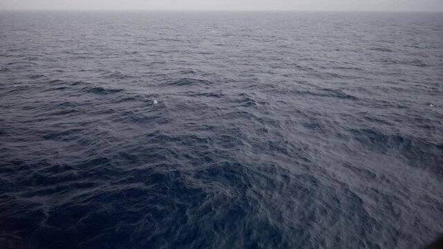 Calm open ocean surface under a hazy, overcast sky, with gentle rolling swells and subtle ripples stretching to a soft, misty horizon, capturing serene maritime motion in sequence