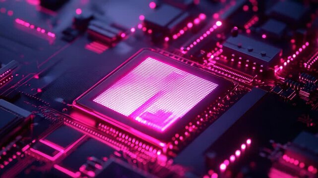 Pink glowing cpu on a circuit board processing data