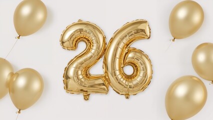 Number 26 celebration with golden foil balloons and gold balloons on white background