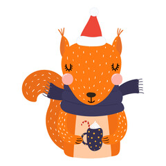 Squirrell in a Santa hat, scarf, with mug isolated on transparent. Hand drawn flat vector illustration. Cute cartoon character. Traditional Christmas, New Year design element, clip art