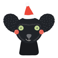 Indri lemur in a Santa Claus hat isolated on transparent. Hand drawn flat vector illustration. Cute cartoon character. Traditional Christmas, New Year, seasonal design element, holiday clip art