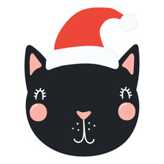 Cat in a Santa Claus hat isolated on transparent. Hand drawn flat vector illustration. Cute cartoon character. Traditional Christmas, New Year, seasonal design element, holiday clip art