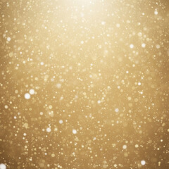 Golden glittering particles and bokeh on abstract festive background.