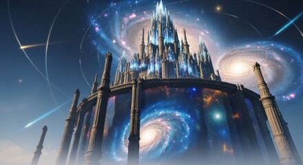 Celestial Citadel - A Majestic Castle Amidst Cosmic Wonders and Nebulae.