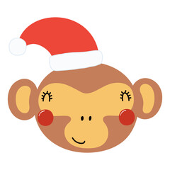 Monkey in a Santa Claus hat isolated on transparent. Hand drawn flat vector illustration. Cute cartoon character. Traditional Christmas, New Year, seasonal design element, holiday clip art