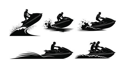 Silhouette illustrations of people enjoying jet ski rides on the water