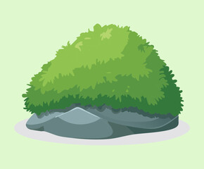 Rounded Green Plant Bush or Shrub Growing on a Rock Element for Landscape and Garden Design Graphics