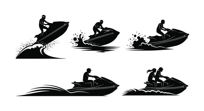 Silhouette illustrations of people enjoying jet ski rides on the water