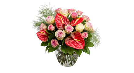 Obraz premium Bouquet of pink and white roses with red anthurium and green foliage in a glass vase, isolated on transparent background