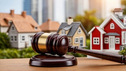 Gavel lying on table in front of miniature houses