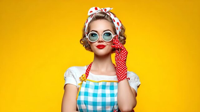 Vintage-inspired woman with retro style posing against a bright yellow background
