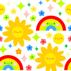 Children's bright multicolor seamless pattern of smiling suns and a rainbow of flowers