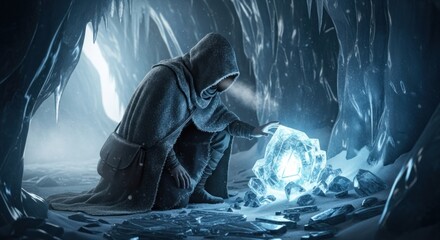 Mysterious Figure in Ice Cave Contemplating Glowing Orb of Energy.