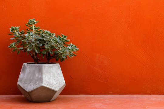 Modern Succulent Plant in Geometric Pot Against Vibrant Orange Wall - Powered by Adobe