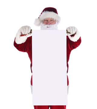 Santa Claus looking over the top of a long blank scroll in front of his body.