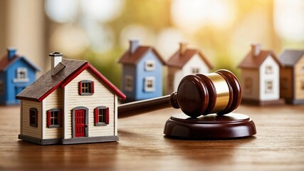 House model near gavel representing real estate law