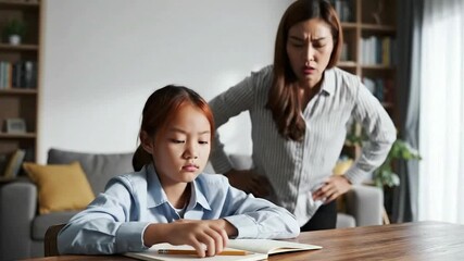 Stressed Asian girl with mother arguing over homework depicting academic pressure and parenting challenges