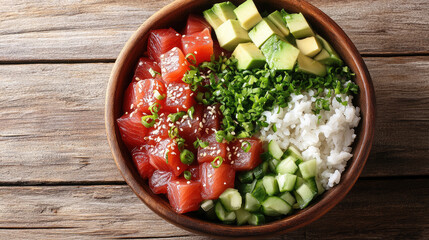 Hawaiian poke bowl with salmon, tuna, rice, avocado, fish, seafood, food, dish, Hawaii, bowl, top view, cafe, restaurant, delicious meal