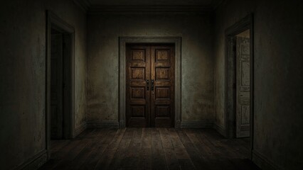 Fototapeta premium Dark corridor with closed wooden doors and dim lighting. Vintage interior design and mysterious ambiance.