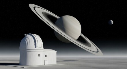 Saturn and its rings viewed from an observatory on a distant planet.