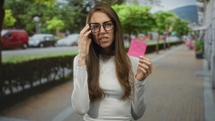 Woman wearing glasses holding a pink note with smiley while hand on chin on street; thoughtful...