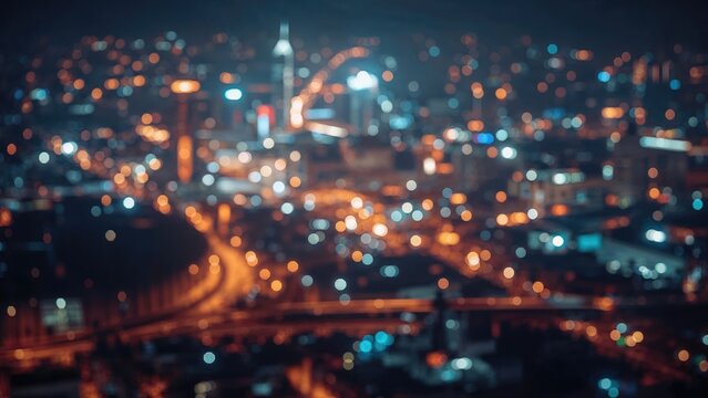 Night cityscape from above with blurred lights and skyscrapers, showcasing urban life and motion. City infrastructure and nighttime atmosphere. The concept of urban nightlife and city environment