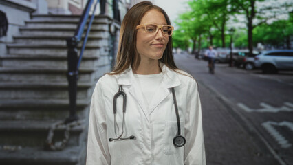 Woman doctor wearing lab coat with stethoscope shrugs shoulders on a city street by stone steps;...