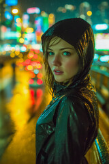 Young woman in rain jacket against a vibrant city night backdrop