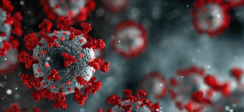 A close up of a red and black virus