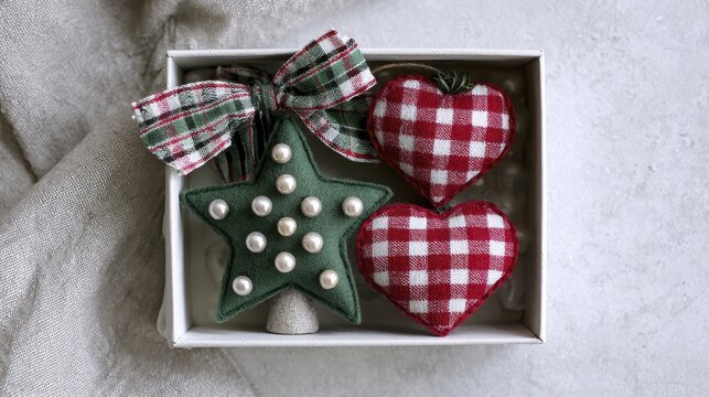 Festive holiday decor: fabric christmas tree and heart ornaments with plaid patterns - Powered by Adobe