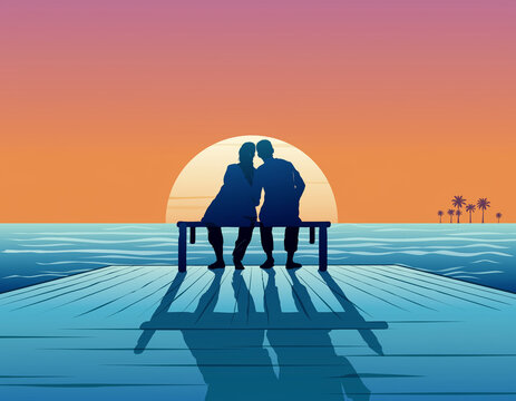 Romantic couple sitting on pier during sunset by the ocean