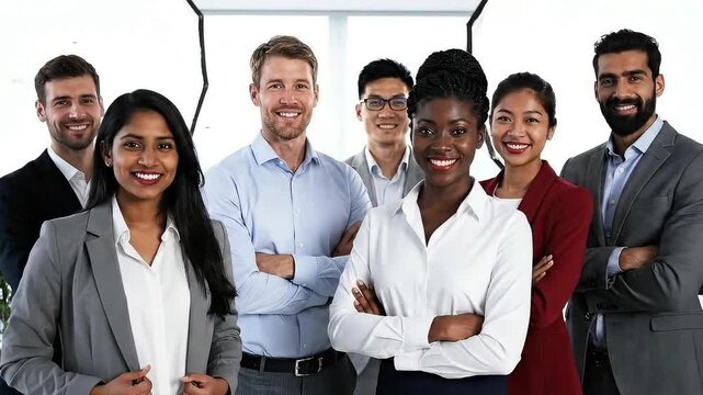 Diverse Team of Professionals Standing Confidently in a Bright Modern Office with Studio Lighting