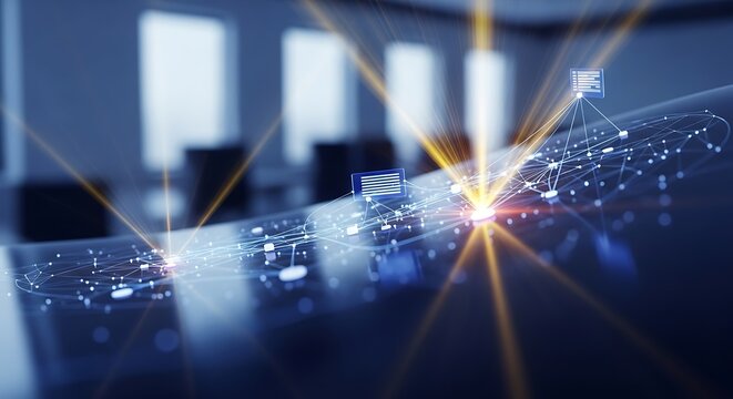 Abstract visualization of a network connecting devices with glowing lines, set against a blurred office background, suggesting connectivity and data flow. - Powered by Adobe