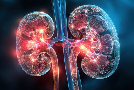 A pair of kidneys with red veins and a blue background