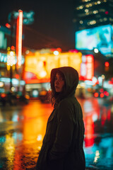 Woman in Hooded Coat Rainy City Night