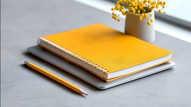 A yellow spiral notebook sits on a table next to a pencil