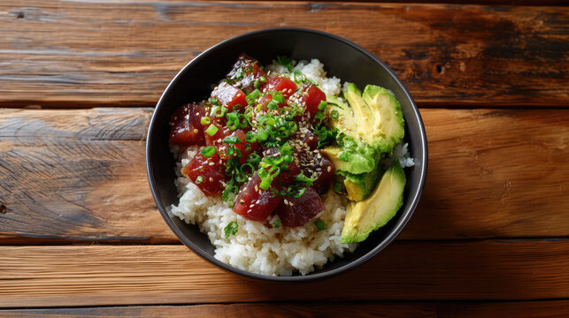 Hawaiian poke bowl with salmon, tuna, rice, avocado, fish, seafood, food, dish, Hawaii, bowl, top view, cafe, restaurant, delicious meal