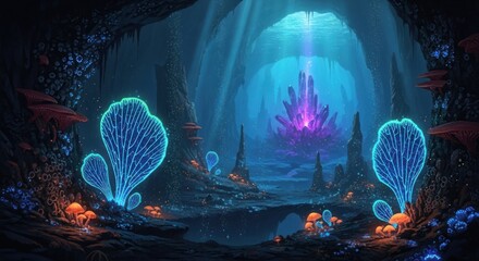 Enchanting Underwater Cave with Bioluminescent Flora and Crystalline Formations.