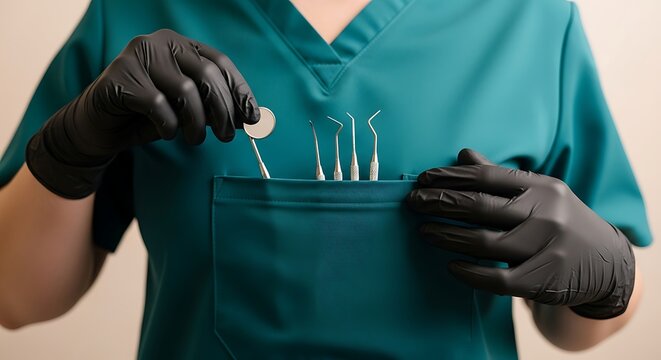 Professional Dentist Holding Oral Examination Mirror While Tools Protrude From Teal Scrub Pocket Demonstrating Modern Dental Care Procedures and Hygiene Standards