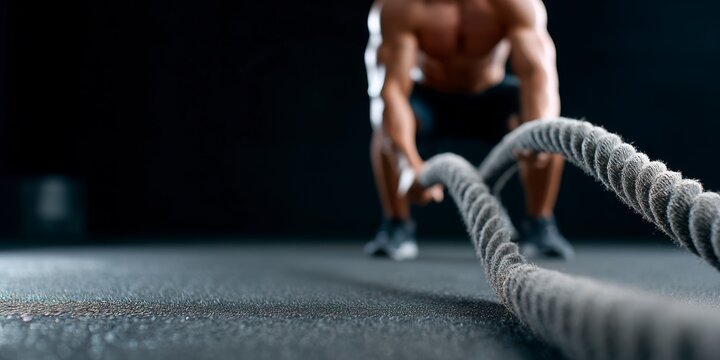 A Dedicated Athlete Engaging in Intense Training with Battle Ropes To Enhance Strength and Endurance in a Dimly Lit Gym Environment