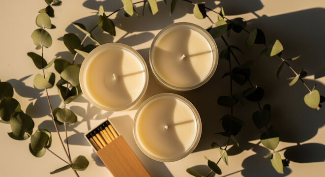 Trio of Scented Candles with Eucalyptus and Wooden Matches
An overhead flat lay featuring a trio of unlit scented candles in clear glass jars, arranged in a triangular cluster on a light