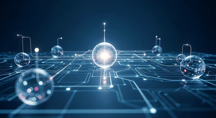 Abstract futuristic technology concept with glowing spheres connected by lines on a circuit board-like surface, against a dark blue background.