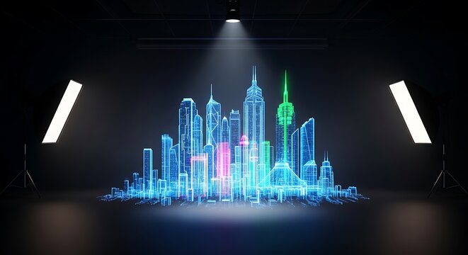 A futuristic, glowing, holographic cityscape is displayed under spotlights, showcasing a modern urban environment with skyscrapers and towers.